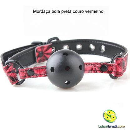 Mordaça bola preta couro vermelho