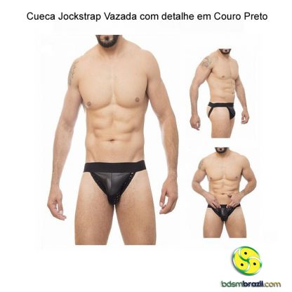 Cueca Jockstrap Vazada com detalhe em Couro Preto