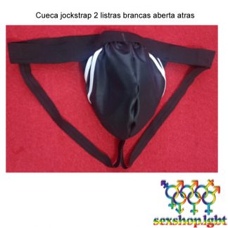 Cueca jockstrap 2 listras brancas aberta atras