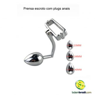 Prensa escroto com plug anais removeis. Bola de aço removel de diâmetro de 2.5 cm, 3.4 cm, 4cm 