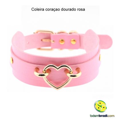 Coleira coraçao dourado rosa