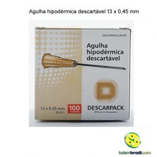 Agulha hipodérmica descartável 13 x 0,45 mm