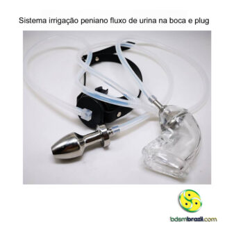 Sistema irrigação peniano fluxo de urina na boca e plug